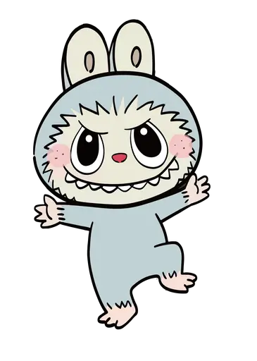 Light blue Labubu in bunny suit, open arms, toothy grin, playful cartoon style