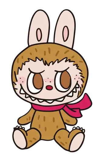 Light brown Labubu in bunny suit with red scarf, big eyes and playful grin