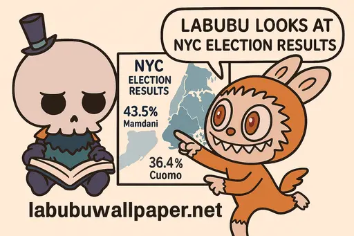 Labubu looks at NYC election results featuring Zohran Mamdani