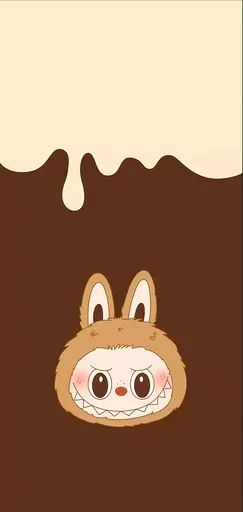 Labubu peeking from brown chocolate under cream drip, cute minimalist style