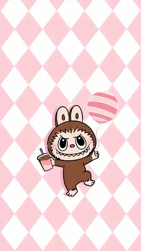 Brown Labubu holding a pink balloon and drink on pink checkered background