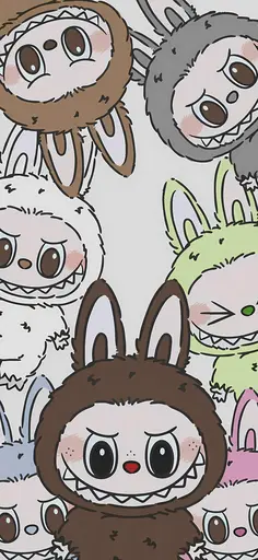 Multiple colorful Labubu characters in hand-drawn illustration, playful mood