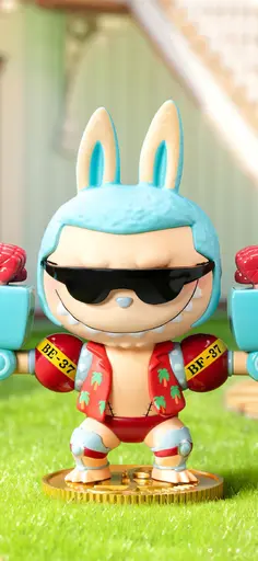 Labubu cosplaying as Franky from One Piece in Hawaiian shirt and sunglasses