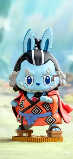 Labubu cosplaying as Jinbe from One Piece in blue samurai outfit