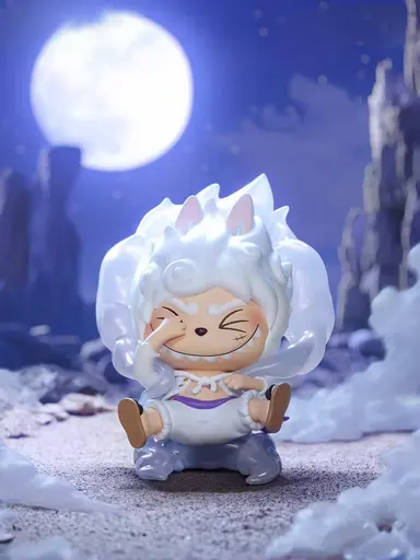 Labubu cosplaying as Luffy Gear Fifth from One Piece with white hair and moonlight