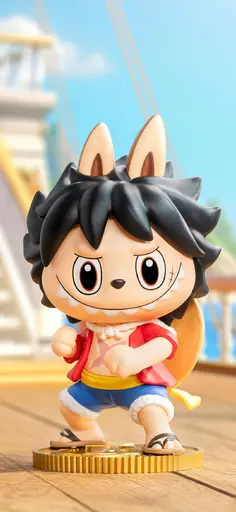 Labubu cosplaying as Monkey D. Luffy from One Piece with straw hat and red vest