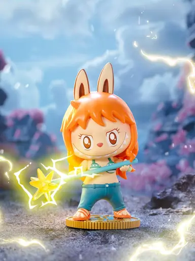Labubu cosplaying as Nami from One Piece with orange hair and lightning staff