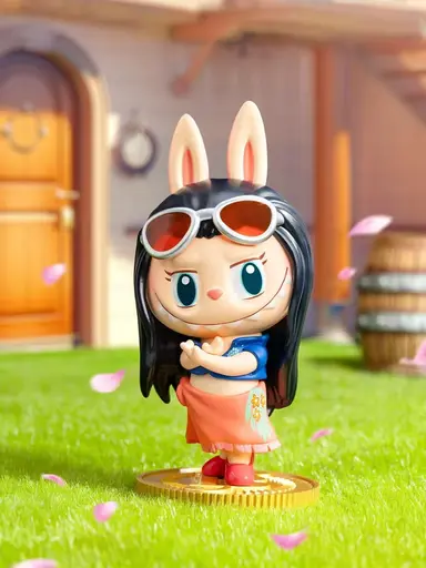 Labubu cosplaying as Nico Robin from One Piece with sunglasses and pink skirt