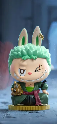 Labubu cosplaying as Roronoa Zoro from One Piece with green hair and katana