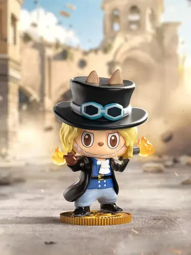 Labubu cosplaying as Sabo from One Piece with top hat and fire fists