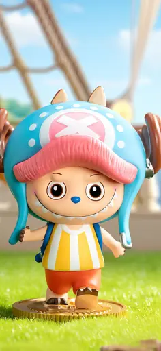 Labubu cosplaying as Tony Tony Chopper from One Piece with blue antler hat