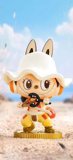 Labubu cosplaying as Usopp from One Piece with white hat and slingshot