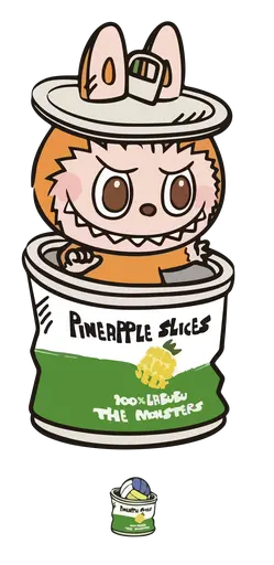 Orange Labubu in bunny ears sitting in pineapple can, quirky cartoon style