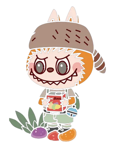 Orange Labubu with sly smile, grey hat, bonbons jar, playful cartoon scene