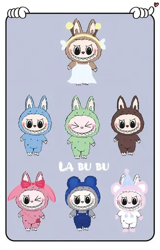 Labubu in angel, bunny, bear, party costumes, pastel cartoon, lavender background