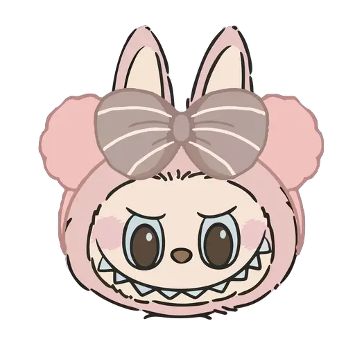 Pink Labubu head with fluffy bunny hood, large bow, sweet cartoon style