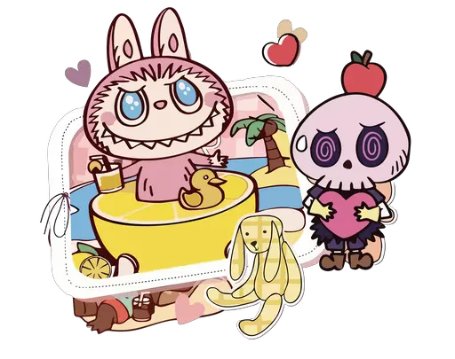 Pink Labubu in lemon bath, duck toy, skull with apple, summer pool cartoon