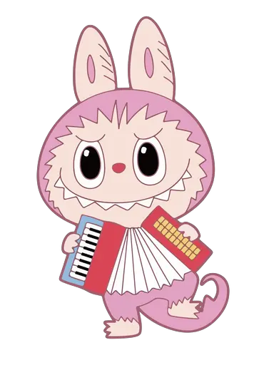 Pink Labubu with lizard tail holding accordion, musical cartoon style