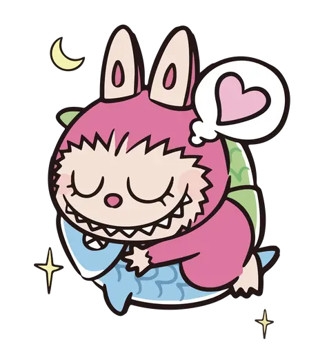 Pink Labubu sleeping on blue fish pillow, heart bubble, star and moon cartoon
