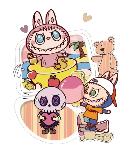 Labubu pool scene, candy, blue eyes, skull friend, roller skates, hearts, cartoon