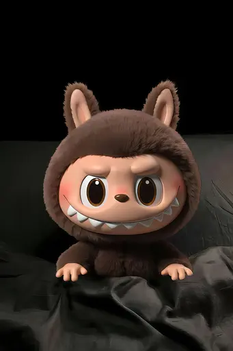 3D Labubu plush with dark fur sitting on black satin bed, black background