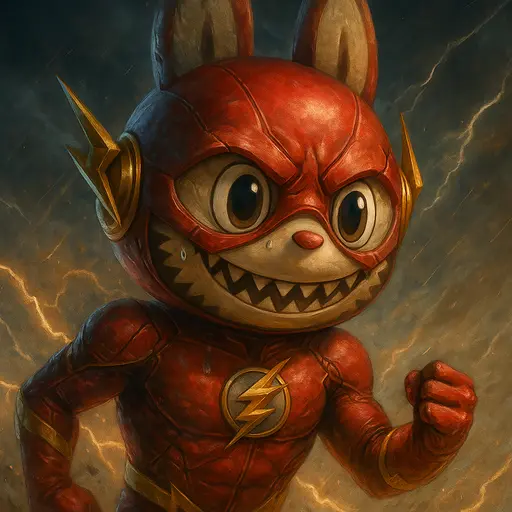 Labubu dressed as The Flash running with golden lightning sparks