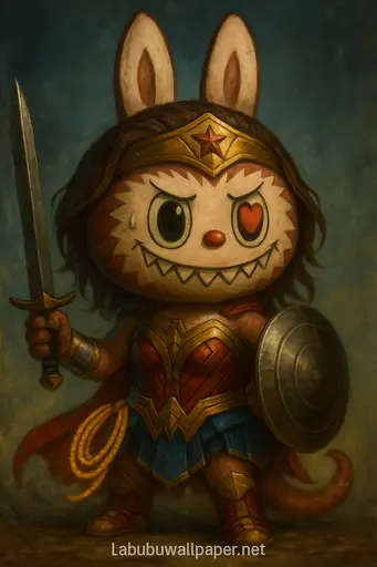 Labubu in Wonder Woman armor holding sword and shield with bold red cape