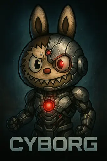 Labubu with cyborg armor and glowing red eye in dark sci-fi setting