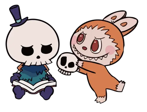 White skull with purple hat and orange Labubu holding skull, playful spooky cartoon
