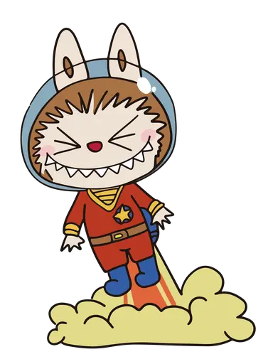 Labubu in space helmet and red spacesuit, flying up with rocket flames, smiling
