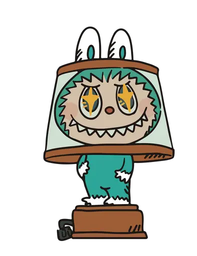 Teal Labubu in bunny suit as lamp with lampshade, star eyes, whimsical cartoon