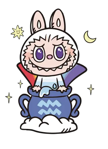 White Labubu with purple eyes in Aquarius cauldron, starry night cartoon