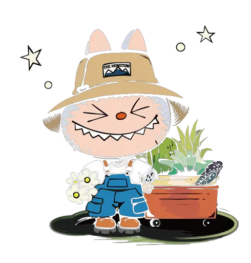 White Labubu in mountain hat, blue overalls, planter of green plants and flowers